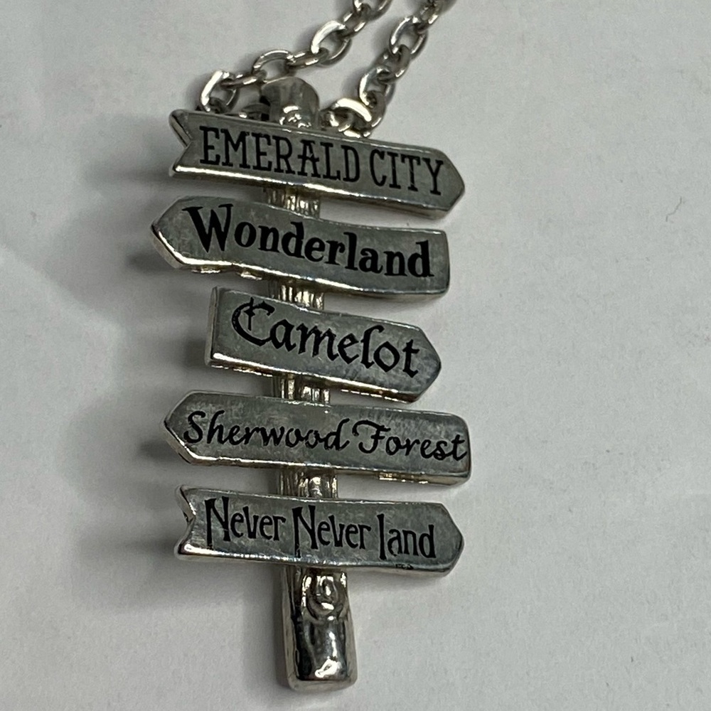 Fairytale Sign Necklace Emerald City Camelot Wonderland Sherwood Forest Never
